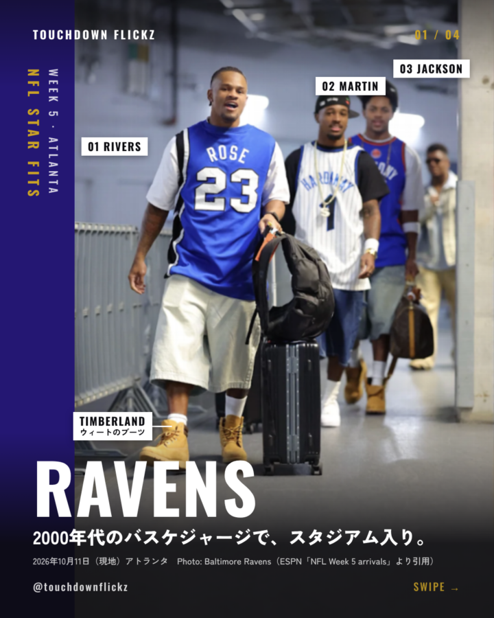 レイブンズの3人が2000年代のバスケジャージでスタジアム入りする様子（雑誌風の表紙）
