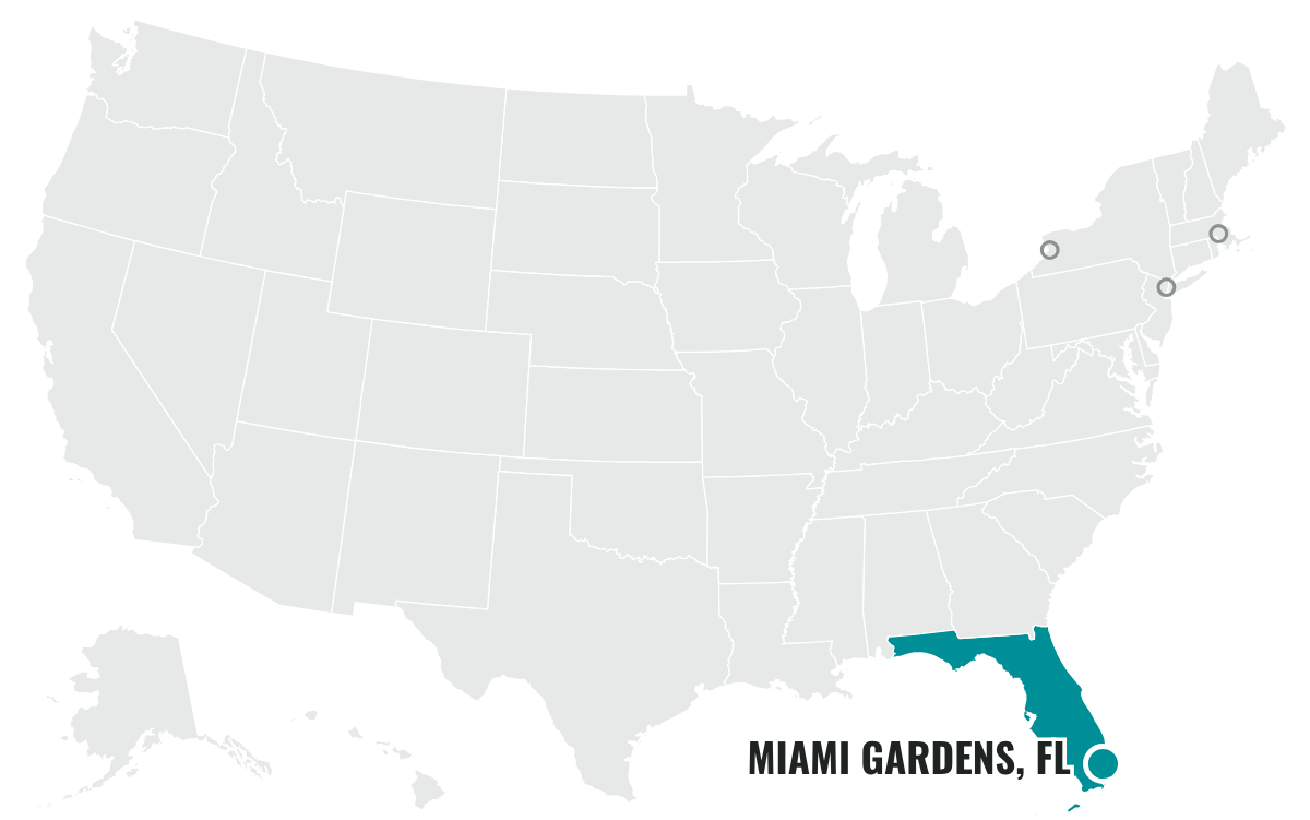 マイアミ・ドルフィンズの本拠地を示すアメリカ地図